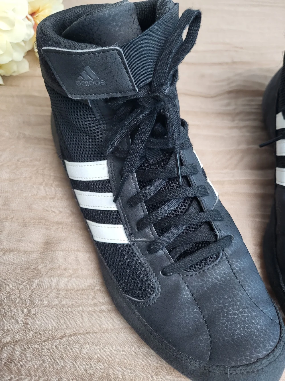 adidas Black and White High-Top Wrestling/Training Sneakers, Size 9